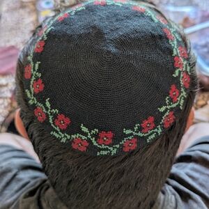 Black Hand Crafted Kippah with Red Floral Design. Jewish. Made In Israel.